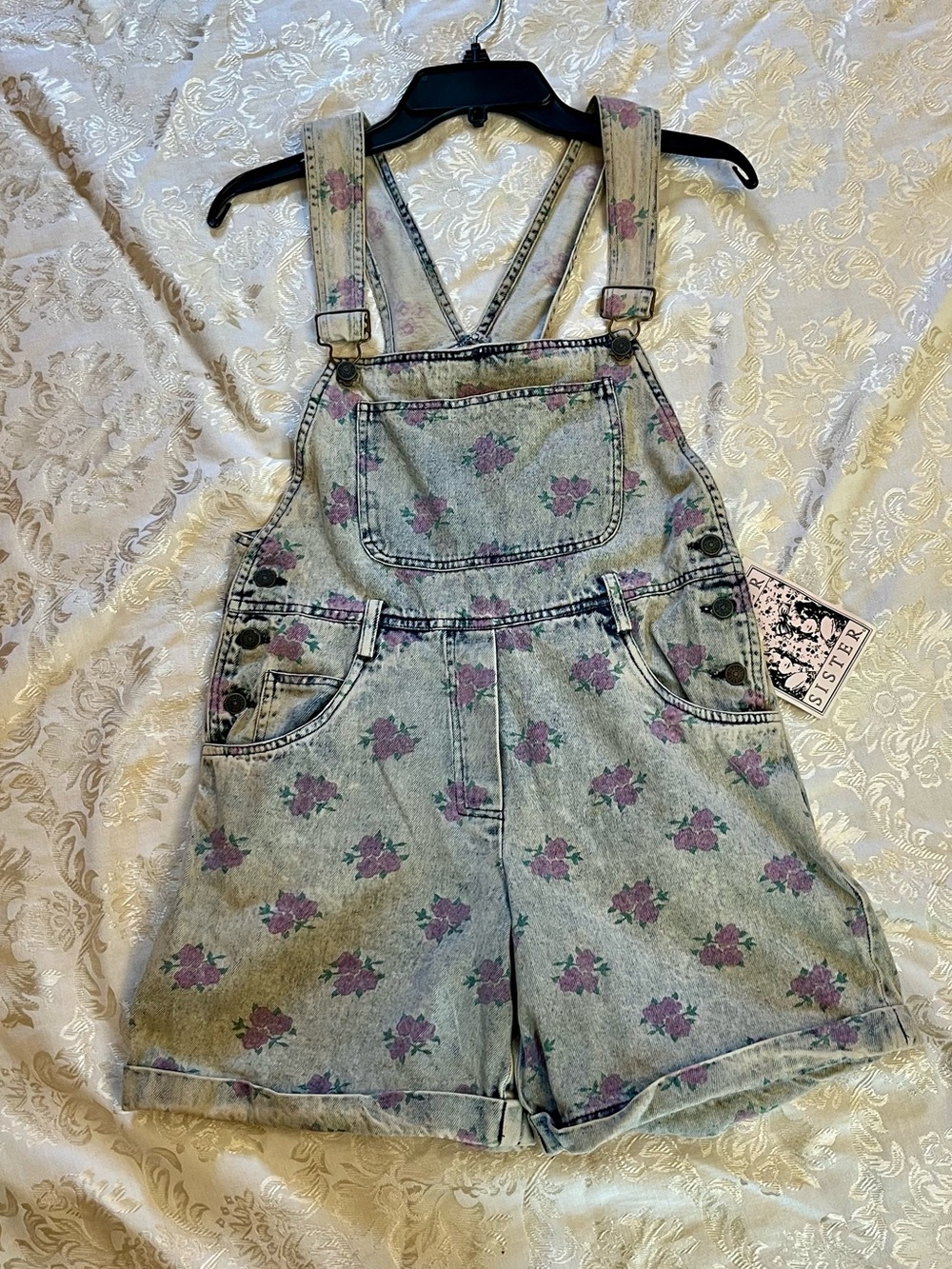 VTG 90s Sister Sister Floral Acid Wash Denim Overalls Shortalls NWT Girls 14 XS